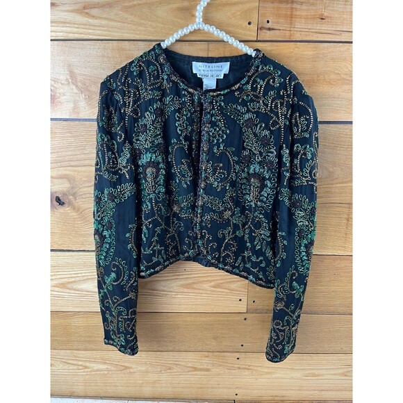 Niteline by Della Roufogali Vintage Silk Beaded Jacket sz M Black Green Brown - Picture 1 of 7